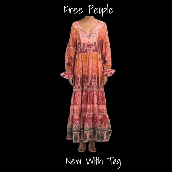 Farm Rio Maxi Dress Ainika Print with Macaws,Small Puff Sleeves & Tassel Tie New - Picture 1 of 3